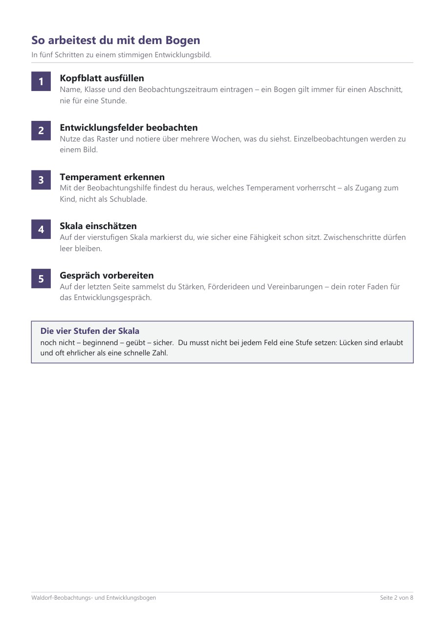 Entwicklungsbogen für Waldorfkindergärten – Blick ins Heft, Seite 1