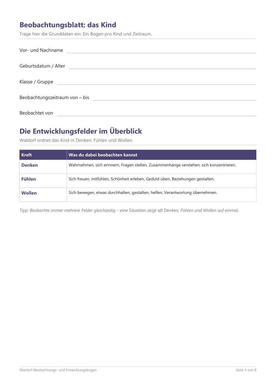 Entwicklungsbogen für Waldorfkindergärten – Blick ins Heft, Seite 2