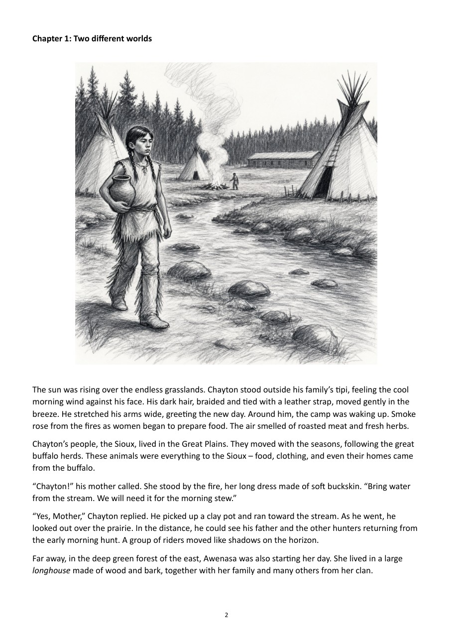 Innenseite: Kapitel 1 – Chayton am Bach, Erzähltext mit Illustration
