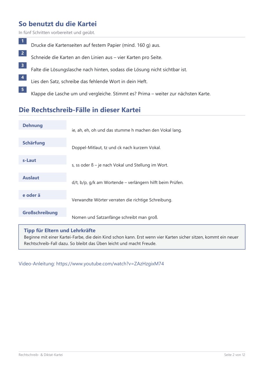 Rechtschreib-/Diktat-Kartei – Blick ins Heft, Seite 1