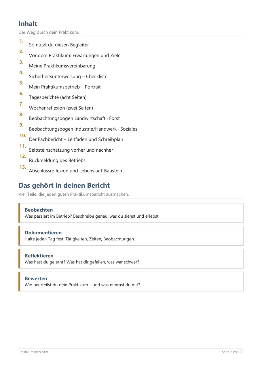 Work Experience Journal – Blick ins Heft, Seite 1