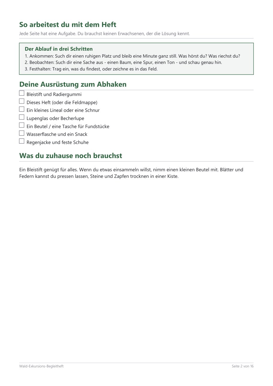 Wald-Exkursions-Begleitheft – Blick ins Heft, Seite 1