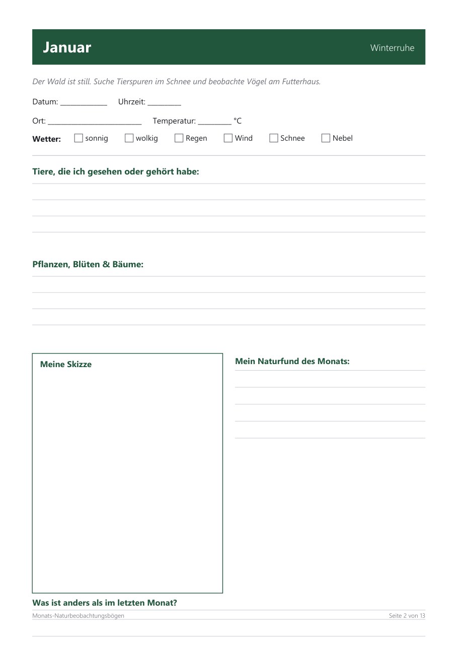 Monthly Nature Observation Sheets – Blick ins Heft, Seite 1