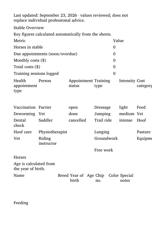 Horse Stable Planner (Excel) – Blick ins Heft, Seite 1