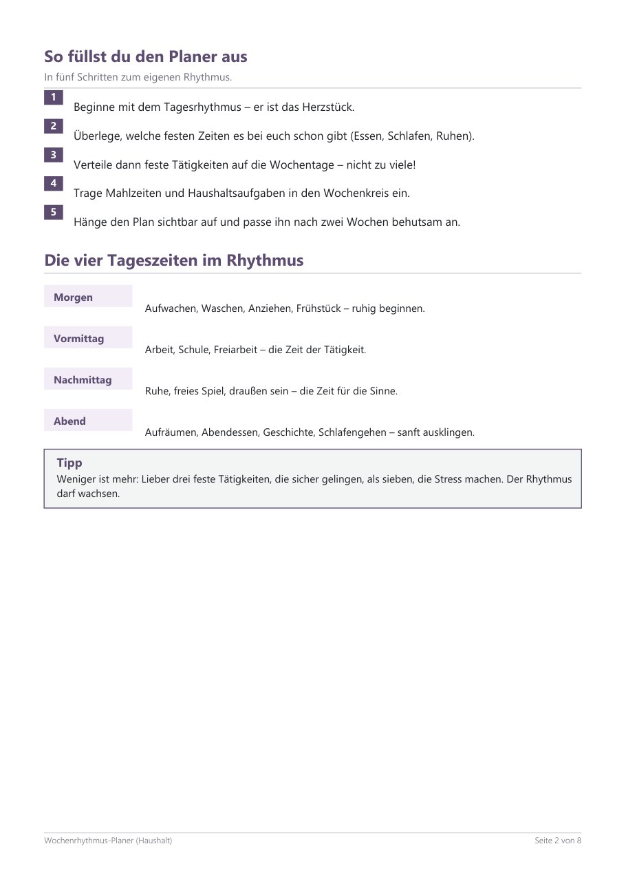 Weekly Rhythm Planner – Blick ins Heft, Seite 1