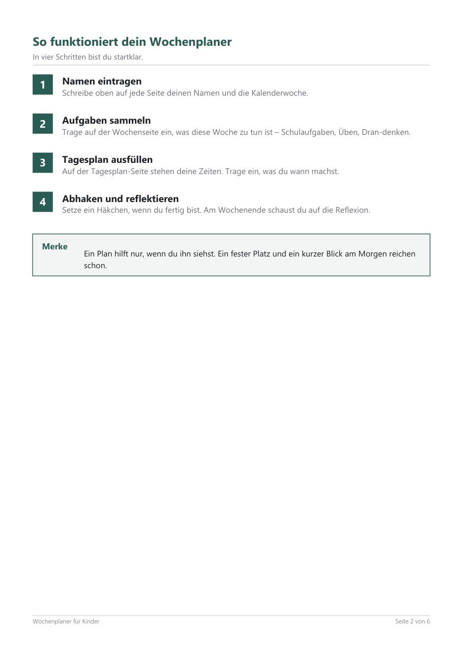Wochenplaner Kinder (Printable) – Blick ins Heft, Seite 1