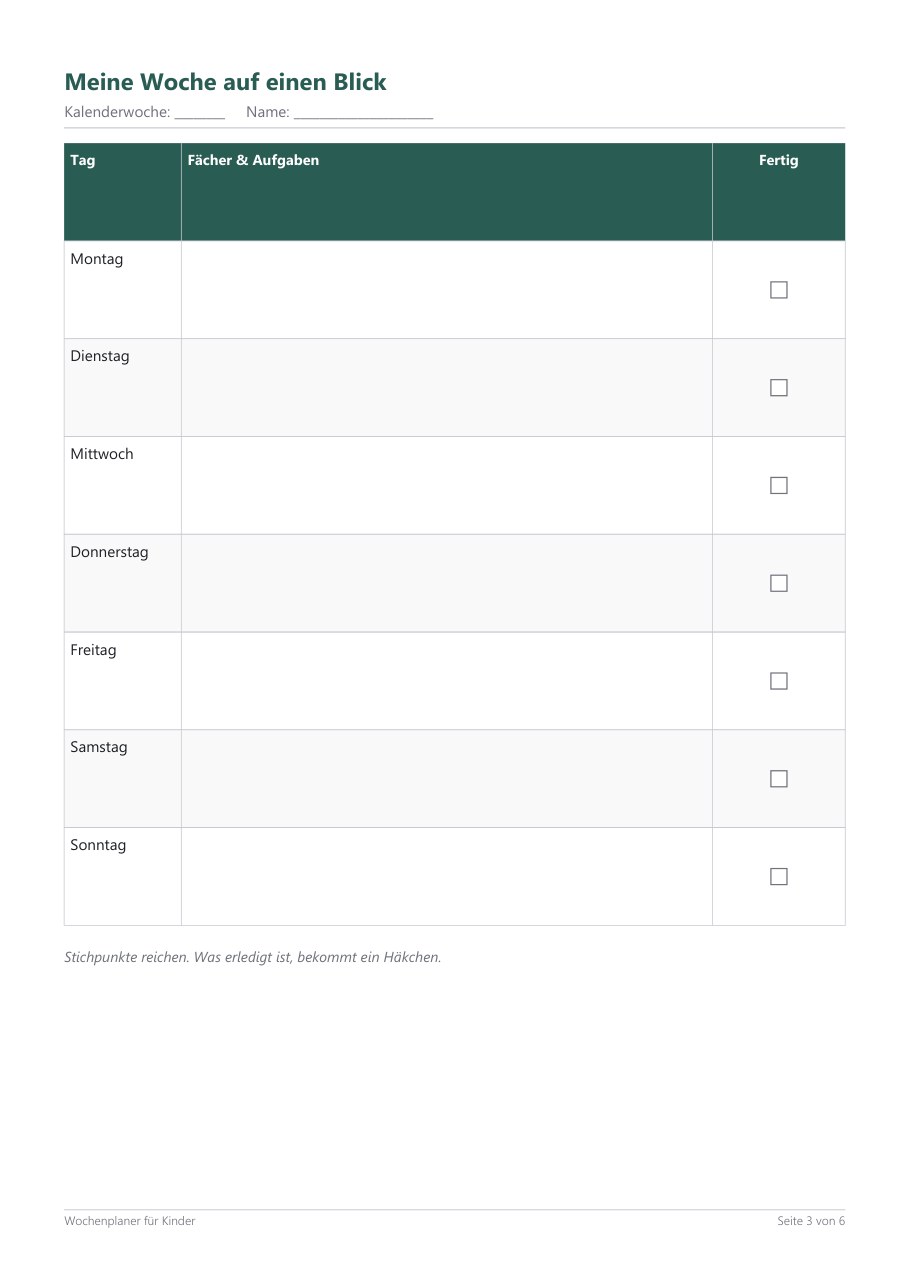 Wochenplaner Kinder (Printable) – Blick ins Heft, Seite 2